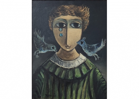 יוסל ברגנר (Yosl Bergner) - 'ילדה ושתי ציפורים כחולות' - ציור נפלא משנות השבעים