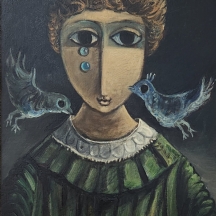 יוסל ברגנר (Yosl Bergner) - 'ילדה ושתי ציפורים כחולות' - ציור נפלא משנות השבעים