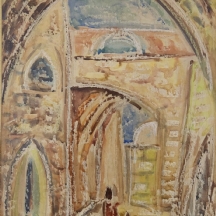 'אם וילד תחת קשתות ירושלים' - רישום ואקוורל על נייר