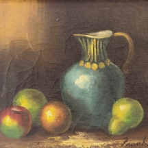 'כד כחול, תפוחים ואגס' - שמן על בד
