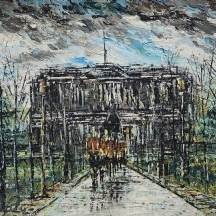 'חיילים במדים אדומים מול בניין אפור' - ציור