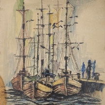 'שלוש דמויות כחולות על מזח' - ציור