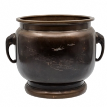 עציץ ברונזה יפני עתיק ואיכותי מאד, מתקופת 'מייג'י' משובץ כסף