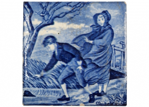 אריח חרסינה אנגלי עתיק (ויקטוריאני) מהמאה ה-19