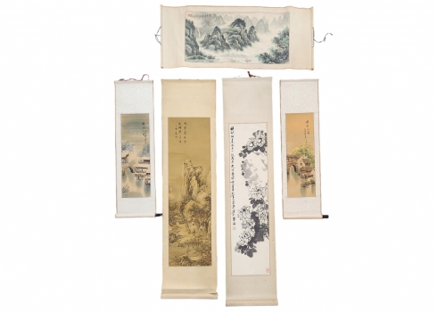 לוט של 5 ציורי מגילה סיניים ישנים