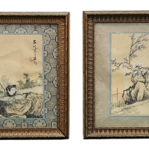 זוג ציורים סינים עתיקים בני כמאה שנה, מצויירים ביד בגואש ואקוורל על בד, חתום