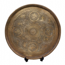 מגש הינדו פרסי עתיק מהמאה ה-19, עשוי פליז מעוטר עיטורי חריטת יד אמן