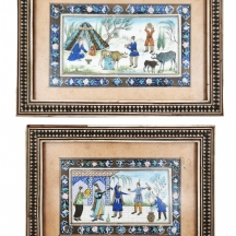 לוט של 2 תמונות מיניאטורה פרסיות מצויירות ביד על לוחיות בקליט מוקפות פספרטו נייר