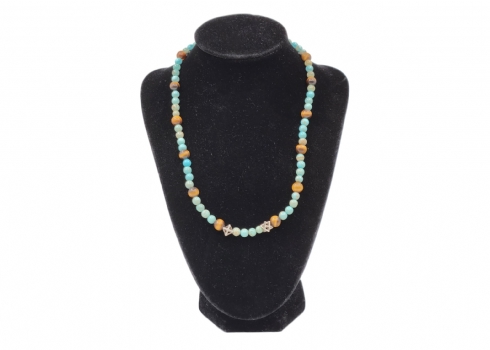 מחרוזת שזורה חרוזי טייגר איי וטורקיז, הספייסרים והסוגר עשויים כסף 'סטרלינג' חתום