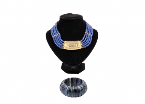 לוט של 2 תכשיטי אופנה בגווני לפיס כחול, צמיד רך וענק גדול ורחב לצוואר