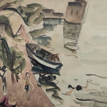 שמשון הולצמן (Shimshon Holzman) - 'סירה ונופשים בכנרת' - ציור גדול