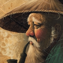 'גבר מעשן מקטרת' - ציור תאילנדי, שמן על נייר אורז ועלים