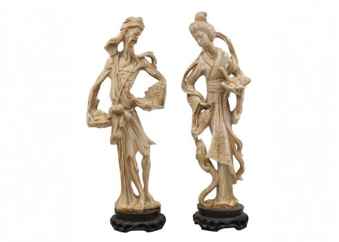 שני פסלי נוי סינים בדמות זוג דייגים