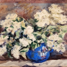 'פרחים בסיר כחול' - גואש ואקוורל על נייר