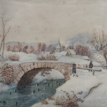 'גבר חוצה גשר מושלג' - ציור עתיק, אקוורל על נייר