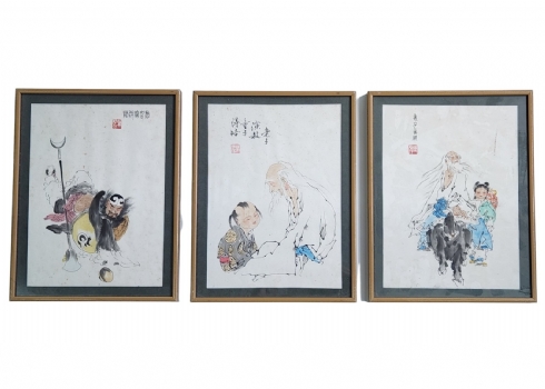 לוט של 3 ציורים סיניים נאיביים, דיו ואקוורל על נייר