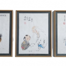 לוט של 3 ציורים סיניים נאיביים, דיו ואקוורל על נייר