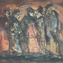 'המתגודדים' - רישום עיפרון, גירי פנדה ואקוורל על נייר