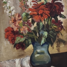 'פרחים אדומים בכד כחול' - ציור עתיק, שמן על בד, חתום: R. Relle