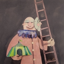 קרול פישר (Carol Fisher) - 'סולם קרקס וליצן דו פרצופי' - אקוורל על נייר, חתום