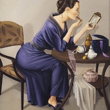 לריסה הלר - 'אישה מתאפרת' - ציור שמן על בד צרפתי, חתום (על השולחן איפור)