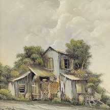 יעקב נובוגרודר (Jacob Nowogroder) - 'בית ישן ומחסן' - ציור שמן על בד, חתום
