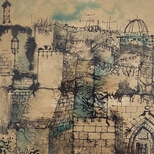 יוסי שטרן (Joseph Stern) - 'ירושלים' - ציור דיו ואקוורל על נייר, חתום