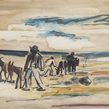 דוד הנדלר (David Hendler) - 'עגלונים על החוף' - ציור אקוורל על נייר, חתום