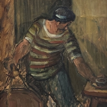 אבי שוורץ (Avi Schwartz) - 'מוכר הקפה' - ציור גדול, שמן על לוח, חתום