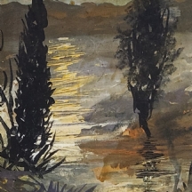 דן מוסקונה (Dan Moskona) - 'זריחה מעל נחל' - ציור בגואש ואקוורל על קרטון, חתום