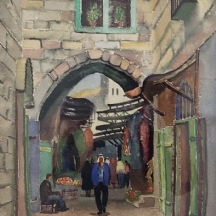 יצחק רייכר איגנץ (Itzchak Reicher) - 'דמויות בסמטה ירושלמית' - אקוורל על נייר