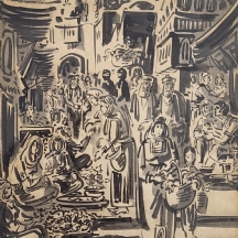 יוסי שטרן (Joseph Stern) - 'דמויות בשוק' - אקוורל על נייר, חתום