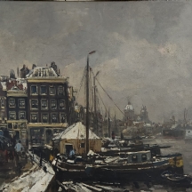 פרנס לנחבלד (Frans Langeveld) - 'סירות במזח מושלג', שמן על בד