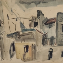 שמשון הולצמן (Shimshon Holzman) - 'בתים ביפו' - רישום עיפרון ואקוורל על נייר