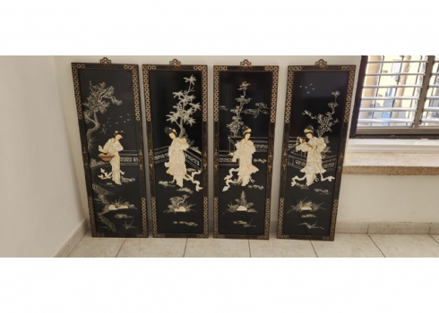 סט של 4 לוחות סינים דקורטיביים לתלייה על הקיר, עשויים עץ ומעוטרים בדמויות