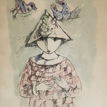 יוסל ברגנר (Yosl Bergner) - 'ילד עם ציפורים', ליטוגרפיה