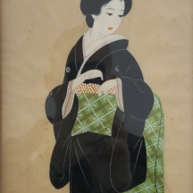 'גיישה בקימונו שחור' - ציור יפני עתיק, גואש ואקוורל על נייר