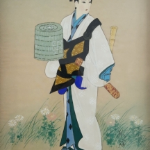 'גבר בקימונו לבן' - ציור יפני עתיק, גואש ואקוורל על נייר