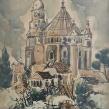 דן לבני (Dan Livni) - 'כנסיה בפריז' - אקוורל על נייר