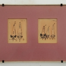 ג'ני קלי (Jenny Kali) - 'חמש ליצניות' - רישום דיו על נייר, חתום ומתוארך: 1973