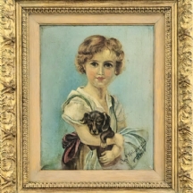 'ילדה וכלב' - ציור עתיק, שמן על בד, חתום ומתוארך 1935