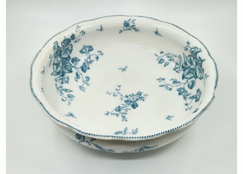 קערה בלגית גדולה עתיקה מסט רחצה לטואלט (אגן רחצה),עשוייה חרס מעוטרת בהדפס מועבר