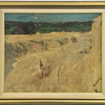 'כרכרה בשדות חיטה' - ציור עתיק, שמן על בד, חתום ומתוארך 1911