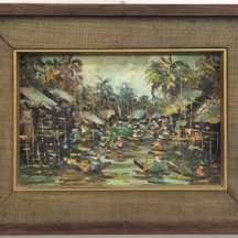 'שוק פירות צף' - ציור אסייתי, שמן על לוח, חתום, אמן לא מזוהה