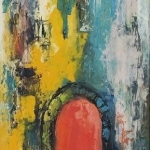 א. אורן (A.OREN), 'זוג בפתח דלת אדומה' - שמן על לוח, חתום