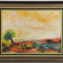 א. אורן (A.OREN), 'כפריה עם עגלה לצד עץ' - שמן על לוח, חתום.