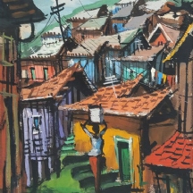 'אישה נושאת כד מים' - ציור אפריקאי, שמן על בד, חתום