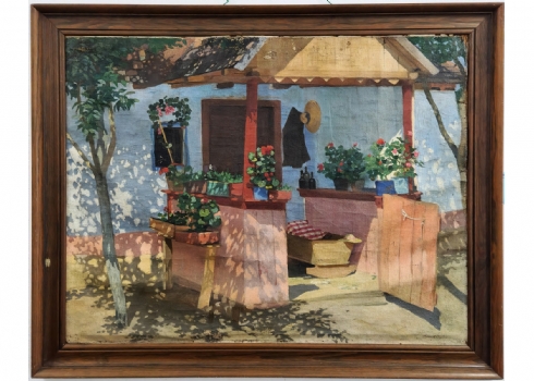 ארפאד רומק (צייר הונגרי, 1883-1960, Arpad Romek) - 'עריסת תינוק במרפסת מוצלת'