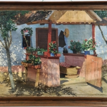 ארפאד רומק (צייר הונגרי, 1883-1960, Arpad Romek) - 'עריסת תינוק במרפסת מוצלת'