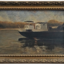 'סירה על נחל' - ציור עתיק, שמן על לוח, חתום.